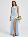 Sheath Scoop Pleated Floor-Length Silk Like Satin Bridesmaid Dress