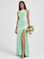 Sheath Scoop Pleated Floor-Length Silk Like Satin Bridesmaid Dress