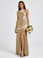 Sheath Scoop Pleated Floor-Length Silk Like Satin Bridesmaid Dress