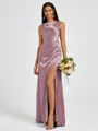 Sheath Scoop Pleated Floor-Length Silk Like Satin Bridesmaid Dress