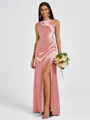 Sheath Scoop Pleated Floor-Length Silk Like Satin Bridesmaid Dress