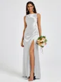 Sheath Scoop Pleated Floor-Length Silk Like Satin Bridesmaid Dress
