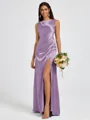 Sheath Scoop Pleated Floor-Length Silk Like Satin Bridesmaid Dress