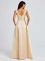 A-line V-neck Pleated Floor-Length Satin Bridesmaid Dress