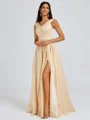 A-line V-neck Pleated Floor-Length Satin Bridesmaid Dress