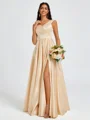 A-line V-neck Pleated Floor-Length Satin Bridesmaid Dress