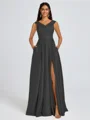 A-line V-neck Pleated Floor-Length Satin Bridesmaid Dress