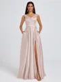A-line V-neck Pleated Floor-Length Satin Bridesmaid Dress