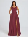 A-line V-neck Pleated Floor-Length Satin Bridesmaid Dress