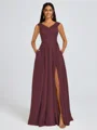 A-line V-neck Pleated Floor-Length Satin Bridesmaid Dress