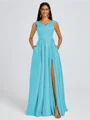 A-line V-neck Pleated Floor-Length Satin Bridesmaid Dress