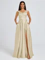 A-line V-neck Pleated Floor-Length Satin Bridesmaid Dress