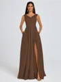 A-line V-neck Pleated Floor-Length Satin Bridesmaid Dress