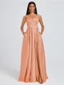 A-line V-neck Pleated Floor-Length Satin Bridesmaid Dress