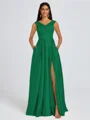 A-line V-neck Pleated Floor-Length Satin Bridesmaid Dress
