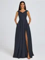A-line V-neck Pleated Floor-Length Satin Bridesmaid Dress