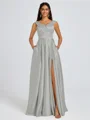 A-line V-neck Pleated Floor-Length Satin Bridesmaid Dress