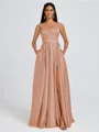 A-line V-neck Pleated Floor-Length Satin Bridesmaid Dress