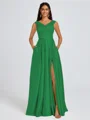 A-line V-neck Pleated Floor-Length Satin Bridesmaid Dress