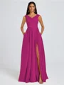 A-line V-neck Pleated Floor-Length Satin Bridesmaid Dress