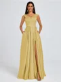A-line V-neck Pleated Floor-Length Satin Bridesmaid Dress