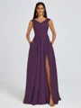 A-line V-neck Pleated Floor-Length Satin Bridesmaid Dress