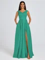 A-line V-neck Pleated Floor-Length Satin Bridesmaid Dress