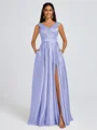 A-line V-neck Pleated Floor-Length Satin Bridesmaid Dress