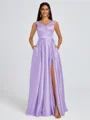 A-line V-neck Pleated Floor-Length Satin Bridesmaid Dress