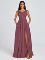 A-line V-neck Pleated Floor-Length Satin Bridesmaid Dress