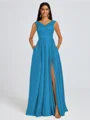 A-line V-neck Pleated Floor-Length Satin Bridesmaid Dress