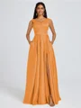 A-line V-neck Pleated Floor-Length Satin Bridesmaid Dress