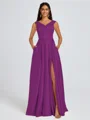 A-line V-neck Pleated Floor-Length Satin Bridesmaid Dress