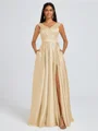 A-line V-neck Pleated Floor-Length Satin Bridesmaid Dress