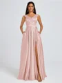 A-line V-neck Pleated Floor-Length Satin Bridesmaid Dress