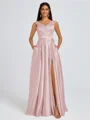 A-line V-neck Pleated Floor-Length Satin Bridesmaid Dress