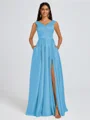 A-line V-neck Pleated Floor-Length Satin Bridesmaid Dress