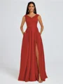A-line V-neck Pleated Floor-Length Satin Bridesmaid Dress