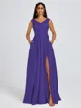 A-line V-neck Pleated Floor-Length Satin Bridesmaid Dress