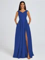 A-line V-neck Pleated Floor-Length Satin Bridesmaid Dress