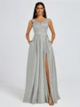 A-line V-neck Pleated Floor-Length Satin Bridesmaid Dress