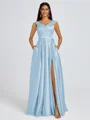 A-line V-neck Pleated Floor-Length Satin Bridesmaid Dress
