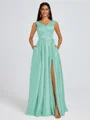 A-line V-neck Pleated Floor-Length Satin Bridesmaid Dress