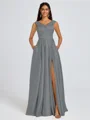 A-line V-neck Pleated Floor-Length Satin Bridesmaid Dress