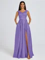 A-line V-neck Pleated Floor-Length Satin Bridesmaid Dress