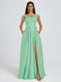 A-line V-neck Pleated Floor-Length Satin Bridesmaid Dress