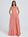 A-line V-neck Pleated Floor-Length Satin Bridesmaid Dress