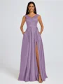 A-line V-neck Pleated Floor-Length Satin Bridesmaid Dress