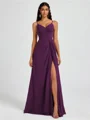 A-line V-neck Pleated Floor-Length Chiffon Bridesmaid Dress