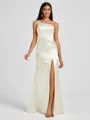 Sheath One-Shoulder Pleated Floor-Length Silk Like Satin Bridesmaid Dress